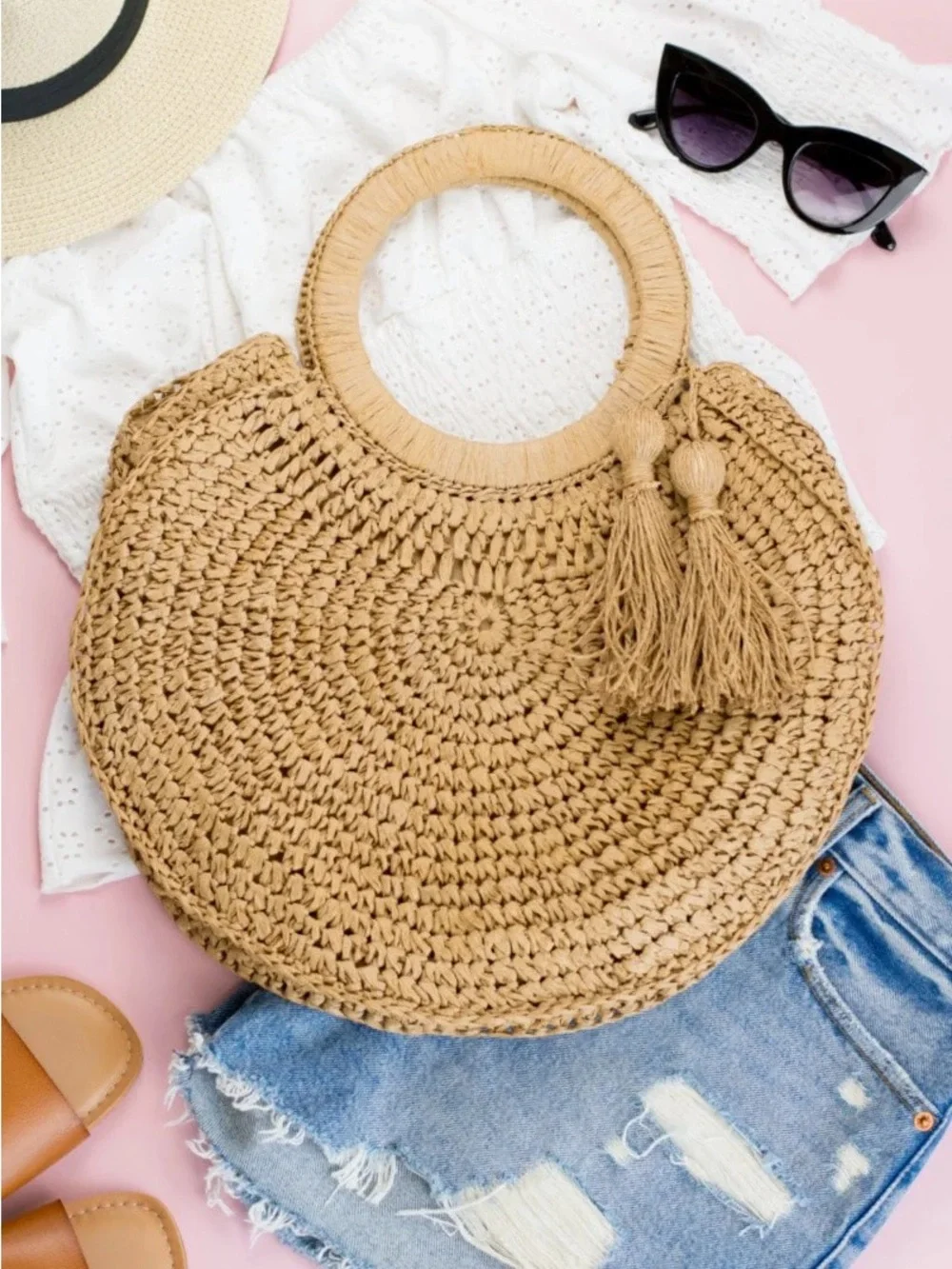 Woven Round Straw Tote Bag with Tassels - Natural